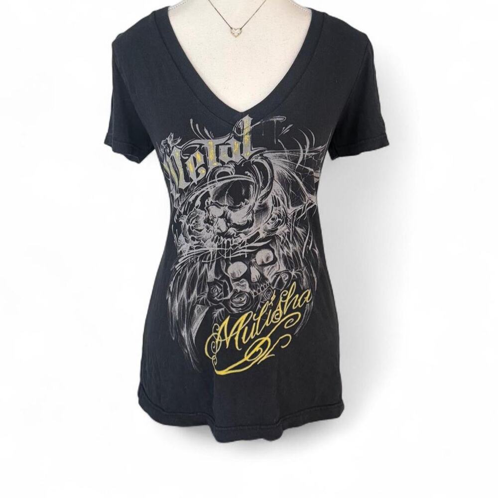 Y2K Metal Mulish-a grunge black v neck fitted tee with white gold size Medium
